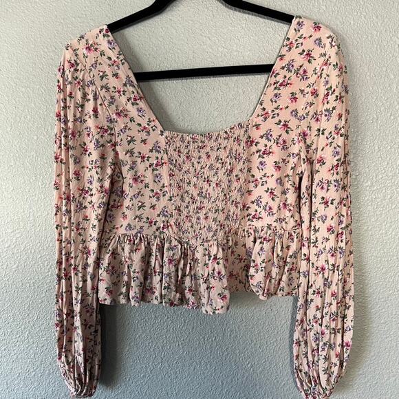 American Eagle Cropped Babydoll Peasant Smocked Long Sleeve Floral Blouse XS - Picture 8 of 10